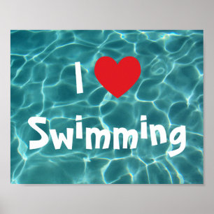 I Love Swimming Red Heart with Aqua Pool Water Poster