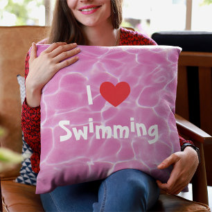 I Love Swimming Red Heart with Pink Pool Water Throw Pillow