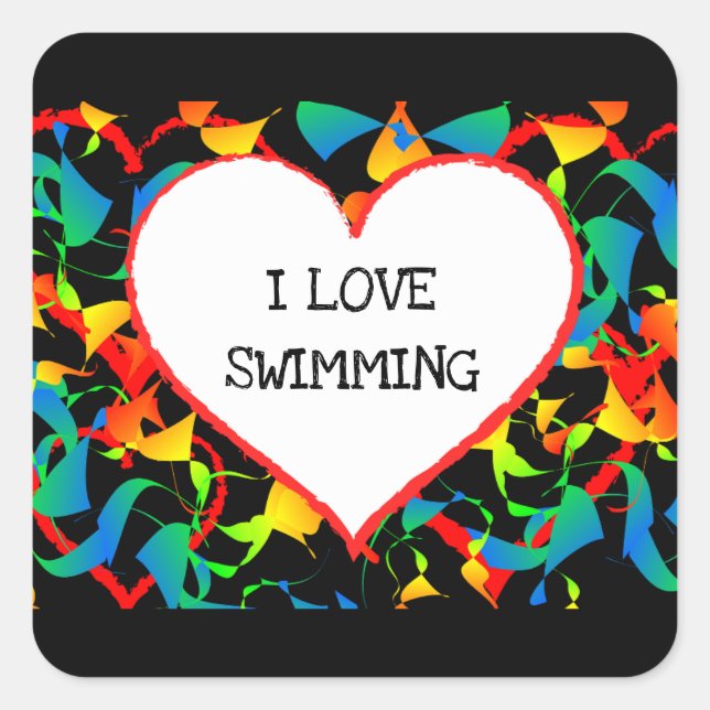 I Love Swimming Sports Editable Modern Abstract Square Sticker (Front)