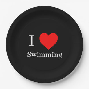 I love Swimming Typography & Red Heart Black Paper Plate