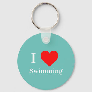 I love Swimming Typography & Red Heart Mint Green Keychain