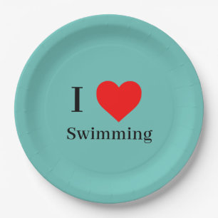 I love Swimming Typography & Red Heart Mint Green Paper Plate