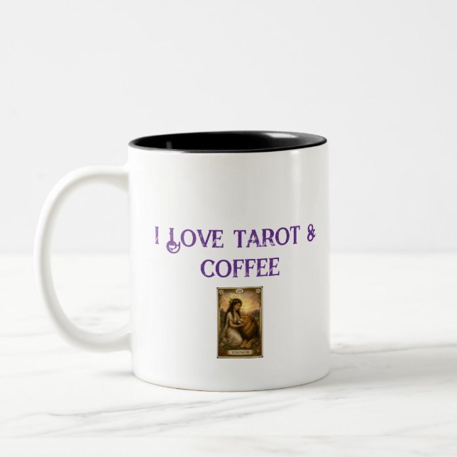 I Love Tarot and coffee card Strength Reader Two-Tone Coffee Mug (Left)