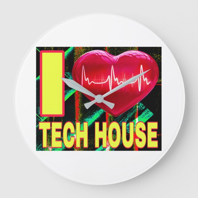 I LOVE TECH HOUSE RED HEART YELLOW FONTS LARGE CLOCK (Front)