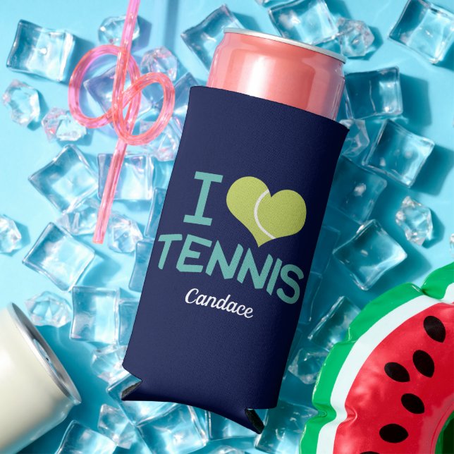 I Love Tennis Cute Custom Personalized Navy Blue Seltzer Can Cooler (In Situ Summer)