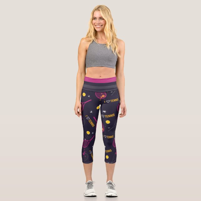 I love tennis pink neon tennis pattern capri leggings (Front)