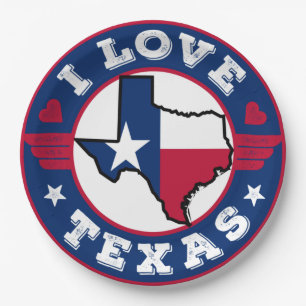 I Love Texas State Map and Flag Paper Plate