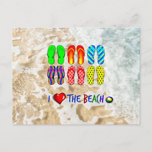 I Love the Beach and colorful flip-flops Postcard (Front)