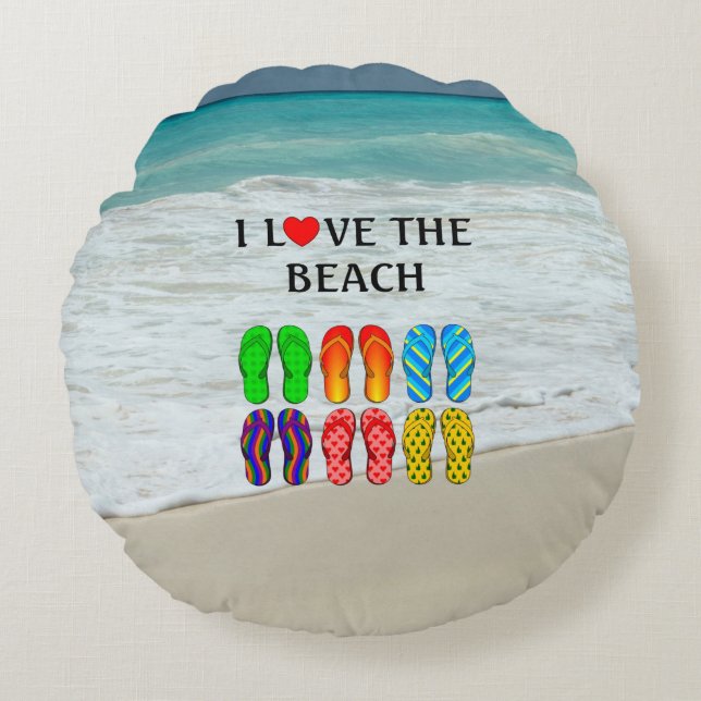 I Love the Beach,  Round Pillow (Front)
