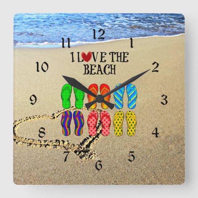 I Love the Beach Square Wall Clock (Front)