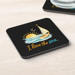 I Love the Sea Sailboat Sunset Ocean Illustration Coaster