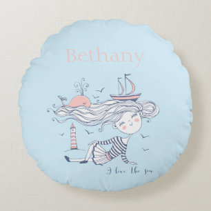 I Love the Sea Whimsical Nautical Personalized  Round Pillow