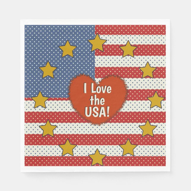 I Love The USA - Red, White, Blue Polka-Dot Flag Napkin (Front)