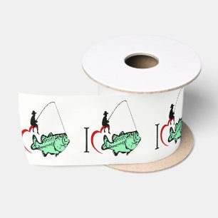I love to go fishing with a red heart satin ribbon