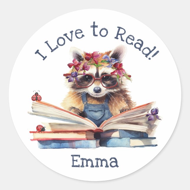 I Love to Read with Cute Baby Raccoon Classic Round Sticker (Front)