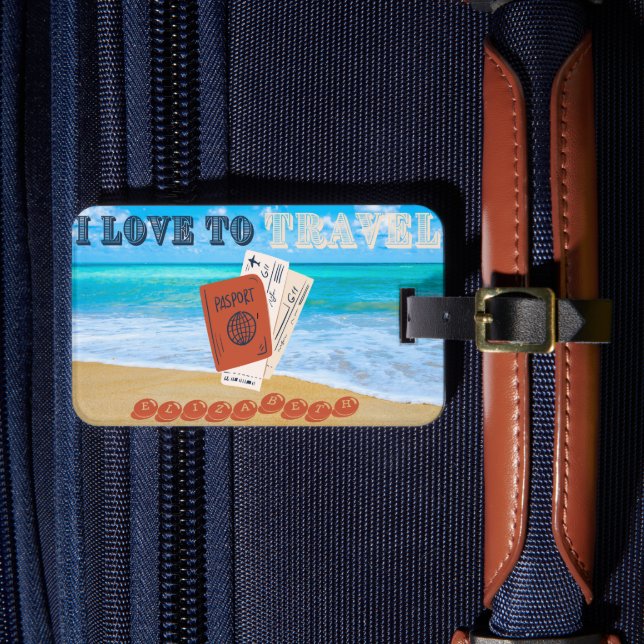 I Love To Travel Personalised Luggage Tag (Front Insitu 4)