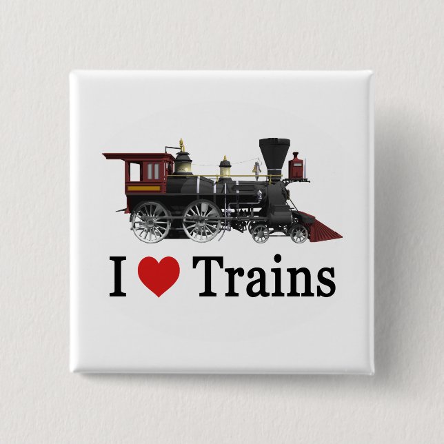 I Love Trains 2 Inch Square Button (Front)