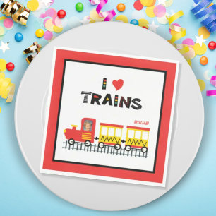 I Love Trains Colorful Kids Photo Name Party Paper Napkin