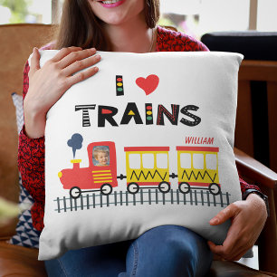 I Love Trains Colourful Kids Photo and Name Throw Pillow