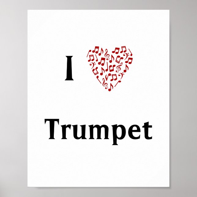 I Love Trumpet Red Heart of Music Notes Poster (Front)
