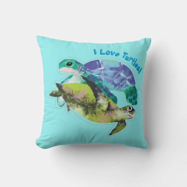 I Love Turtles With Two Turtle Throw Pillow (Front)