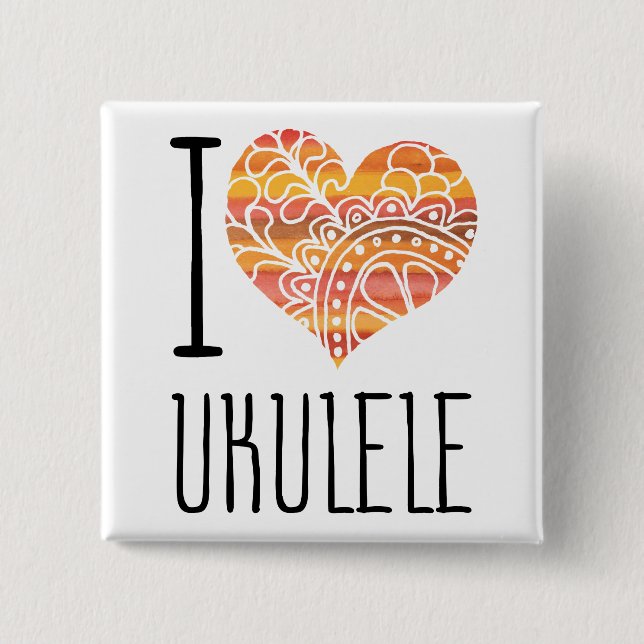 I Love Ukulele Orange Mandala Heart 2 Inch Square Button (Front)