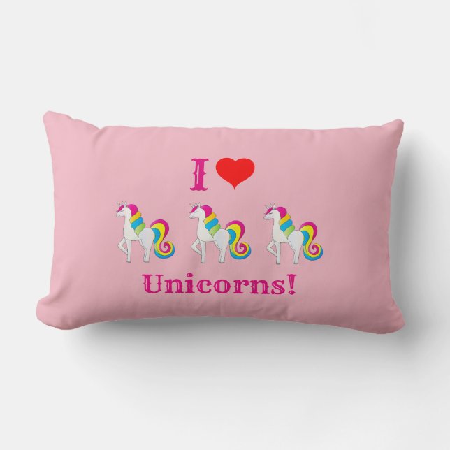 I Love Unicorns Cute Pink Girly Lumbar Pillow (Front)