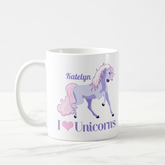 I Love Unicorns Cute Purple Personalized Coffee Mug (Left)