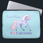 I Love Unicorns Personalized Laptop Sleeve<br><div class="desc">I heart beautiful pink and purple unicorns on cotton candy blue backgrounds on a cute custom gift.</div>