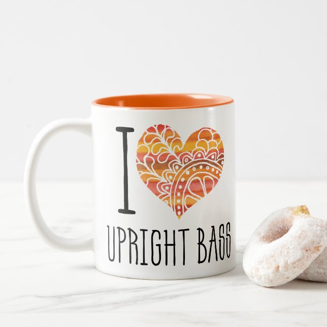 I Love Upright Bass Orange Mandala Heart Two-Tone Coffee Mug (With Donut)