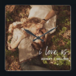 I Love Us Couple Quote Photo Names Square Wall Clock<br><div class="desc">A beautiful way to celebrate your relationship, this photo acrylic print design wall clock features 'i love us' in white hand lettered script overlay at the bottom right, followed by your names. To personalize, replace with your photo and edit the names field. Acrylic prints are a BEAUTIFUL way to enjoy...</div>