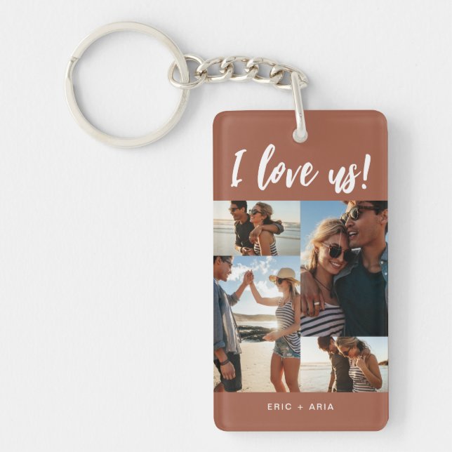 I love us Script Names Photo Collage Terracotta Keychain (Front)