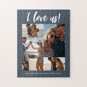 I love us Script Photo Blue and White Jigsaw Puzzle