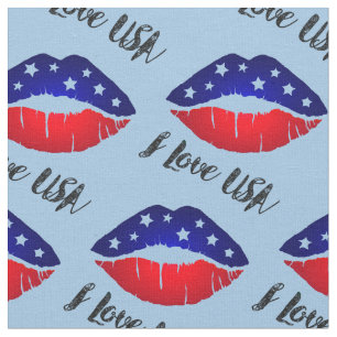 I Love USA, Lips Kiss, 4th July Independence Day   Fabric