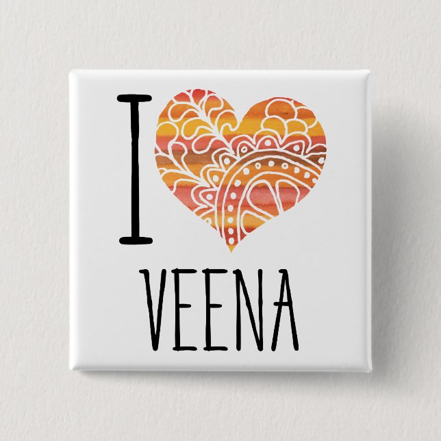 I Love Veena Orange Mandala Heart 2 Inch Square Button (Front)