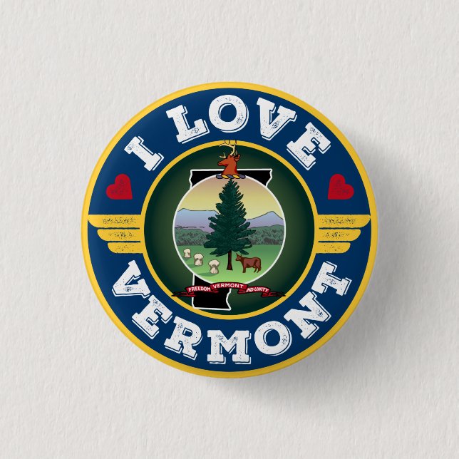I Love Vermont State Flag and Map 1 Inch Round Button (Front)