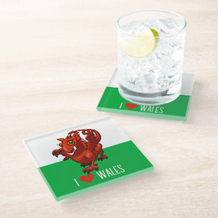 I Love Wales Flag Little Welsh Red Dragon Cartoon Glass Coaster