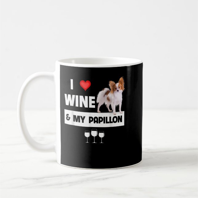 I Love Wine and My Papillon Mom Dad Dog Drinking P Coffee Mug (Left)