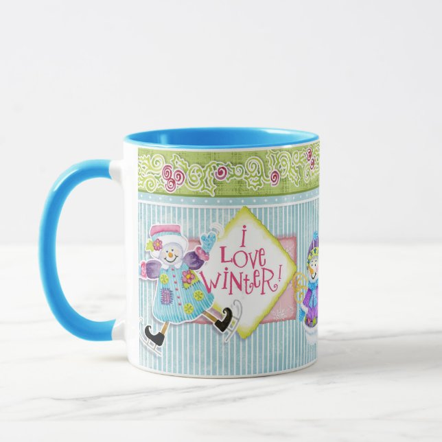 I Love Winter Snowmen Whimsical Coffee Cup (Left)