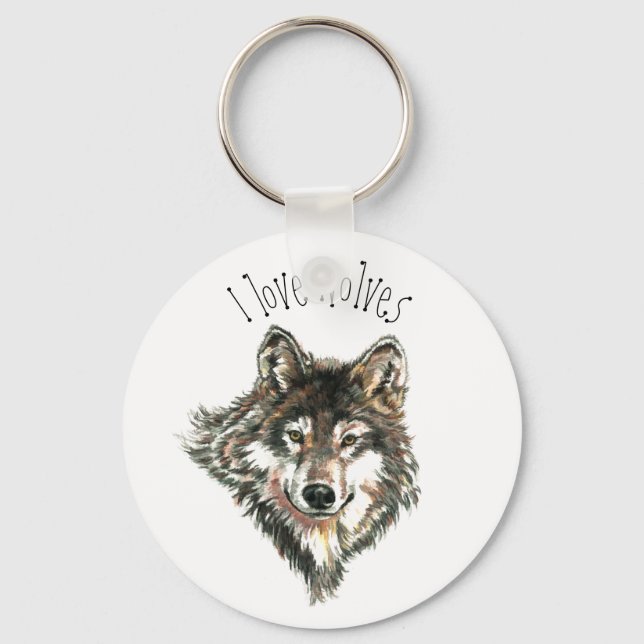 I love Wolves Watercolor Grey Wolf Animal Art Keychain (Front)