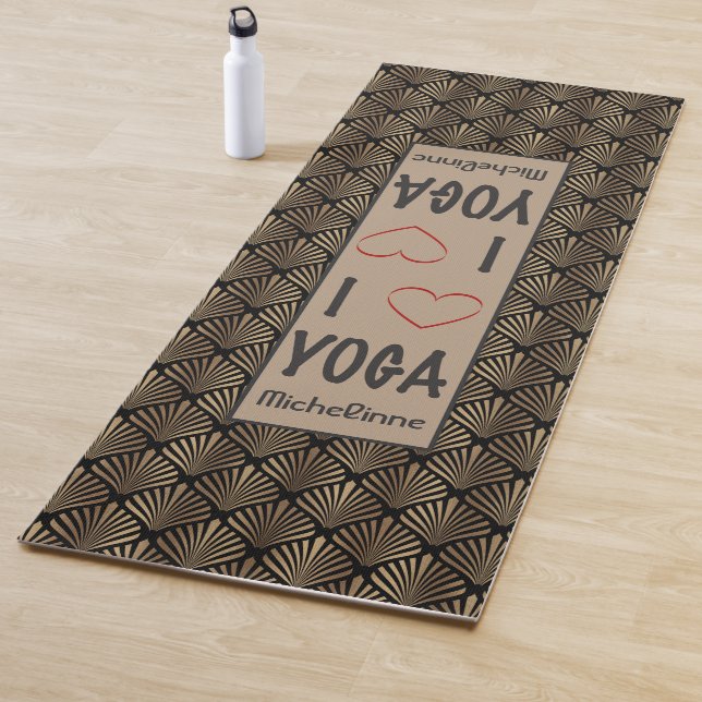 I love YOGA script Gold Art Deco Pattern Monogram Yoga Mat (In Situ)