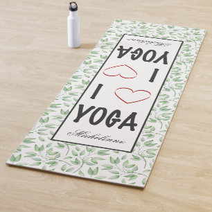 I love YOGA script Green Leaves Pattern Monogram Yoga Mat