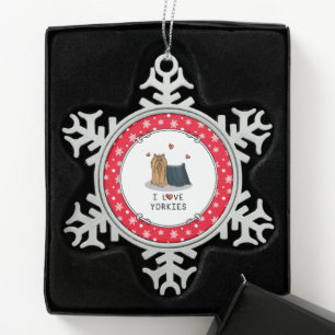 I Love Yorkies (I Love Yorkshire Terriers) hearts Snowflake Pewter Christmas Ornament