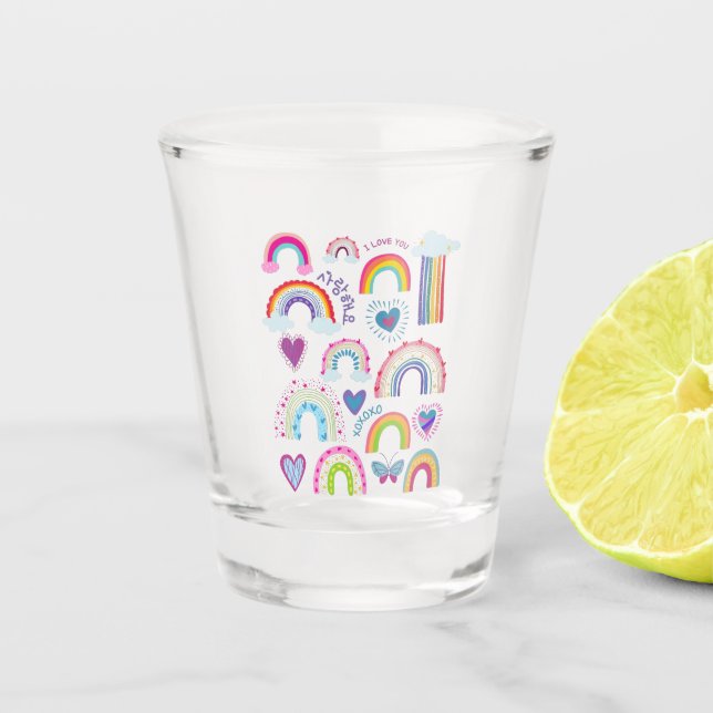 I love you 사랑해요 in Korean Rainbow and Heart SOJU Shot Glass (Front)