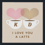 I Love You A Latte Custom Monogram Initials Coffee Faux Canvas Print<br><div class="desc">A cute "I love you a latte" personalized art for coffee lovers. Includes two coffee mugs with intertwined light pink and latte brown heart shaped steam and a cream coloured background. Personalize the custom text with the couple's first name initials. Display on your kitchen counter or by your coffee bar...</div>