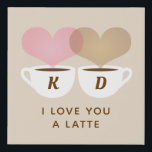 I Love You A Latte Custom Monogram Initials Coffee Faux Canvas Print<br><div class="desc">A cute "I love you a latte" personalized art for coffee lovers. Includes two coffee mugs with intertwined light pink and latte brown heart shaped steam and a cream coloured background. Personalize the custom text with the couple's first name initials. Display on your kitchen counter or by your coffee bar...</div>