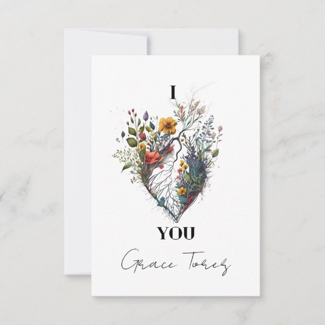 I Love You Anatomical Heart Floral Personalized Thank You Card (Front)