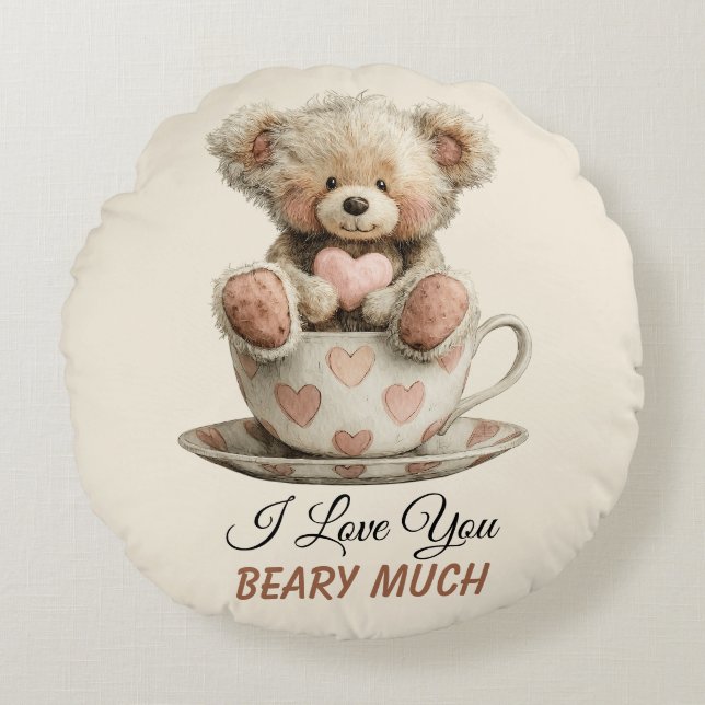 I Love You Beary Much In Cup Postcard Round Pillow (Front)