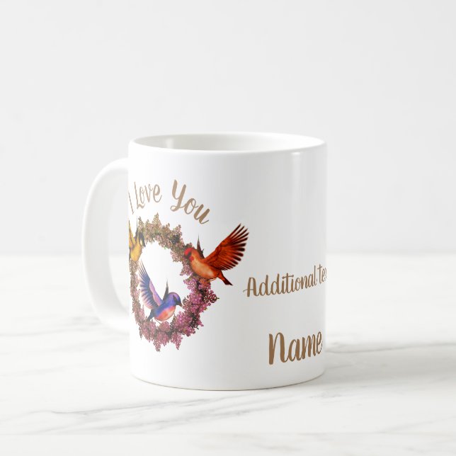 I Love You Birds On Flower Wreath Personalized Coffee Mug (Front Left)