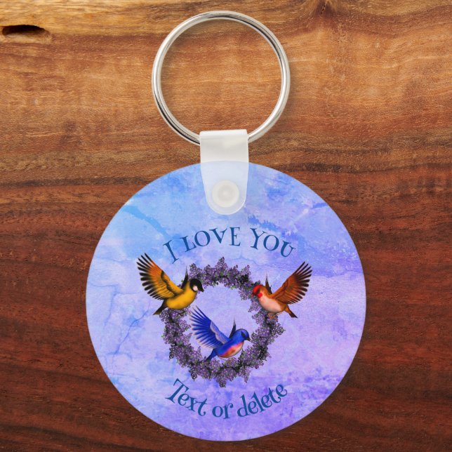 I Love You Birds On Flower Wreath Personalized  Keychain (Front)